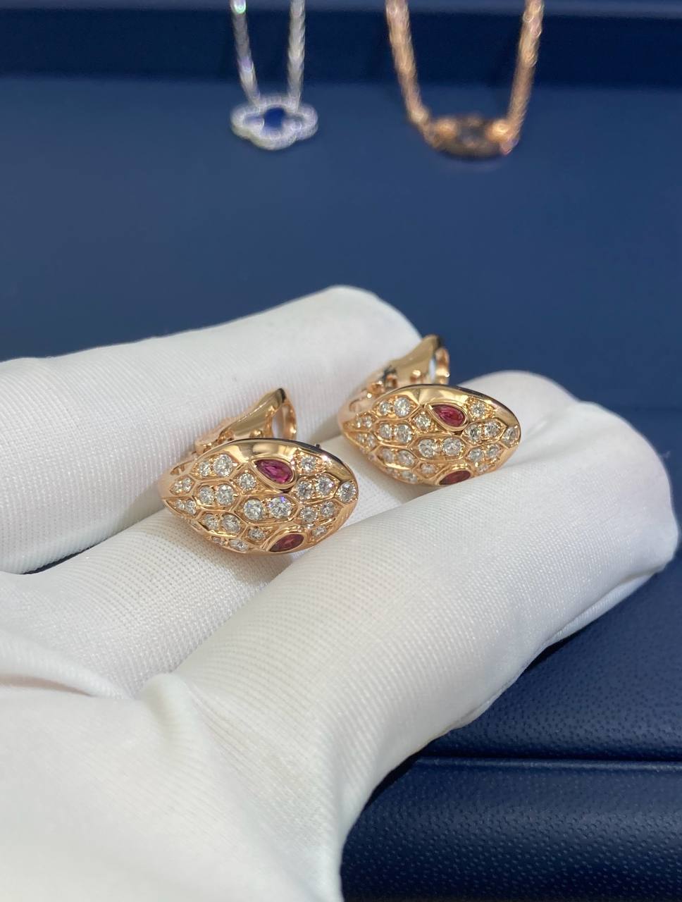 Serpent diamond earrings with Rubellites