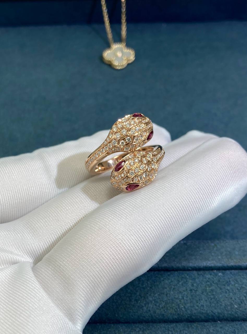 Serpent double head diamond ring with Rubellites