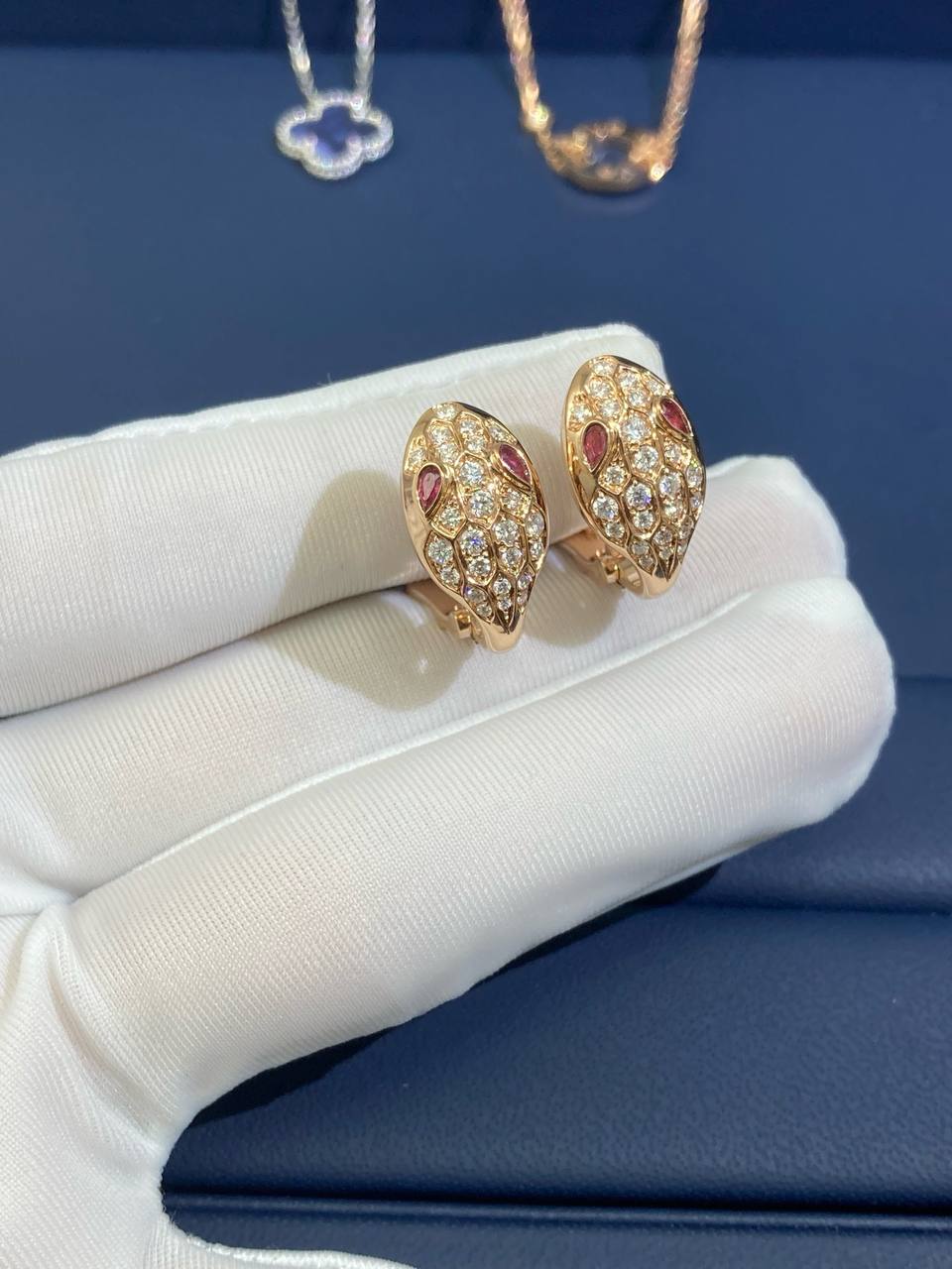 Serpent diamond earrings with Rubellites