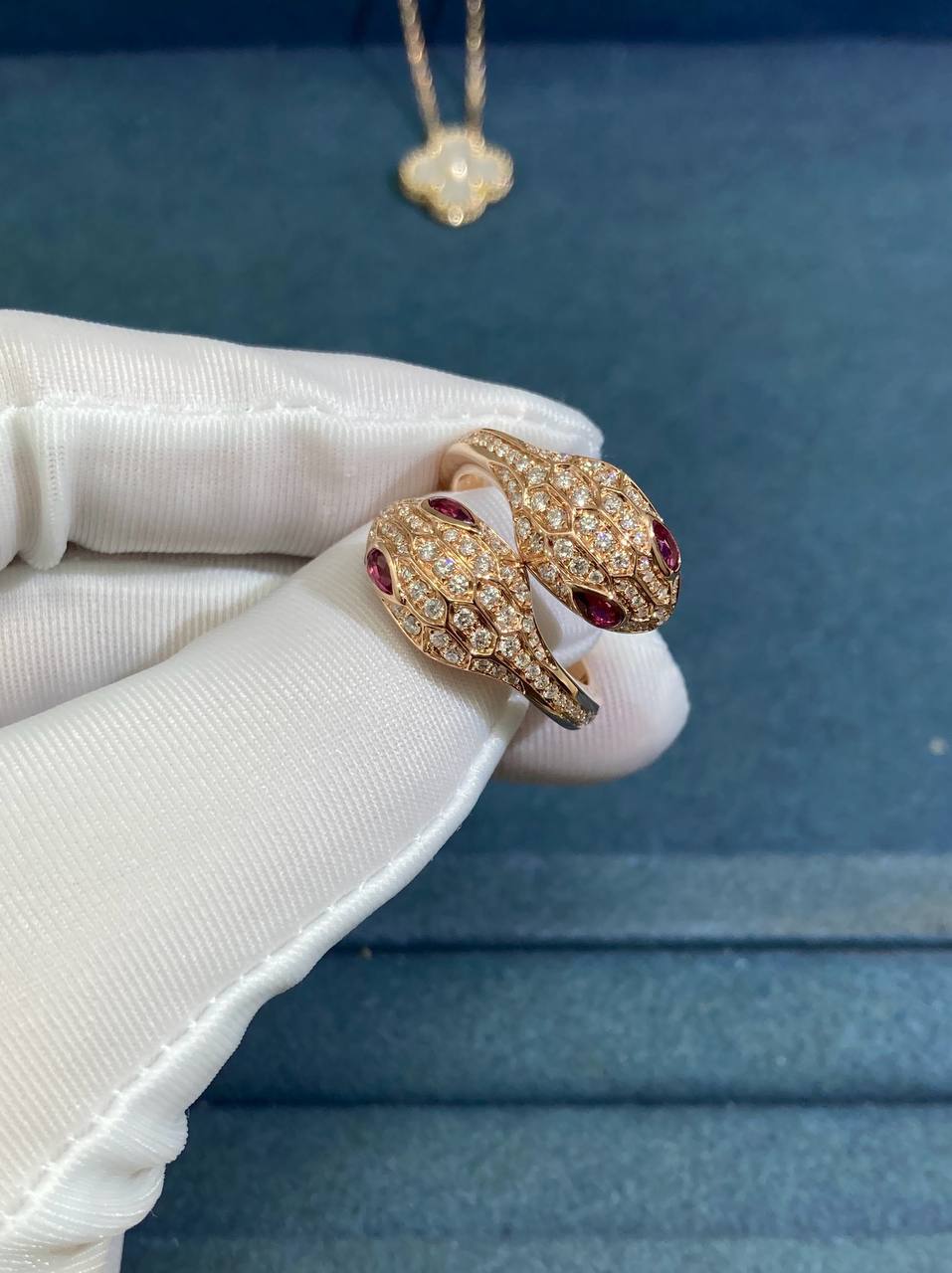 Serpent double head diamond ring with Rubellites