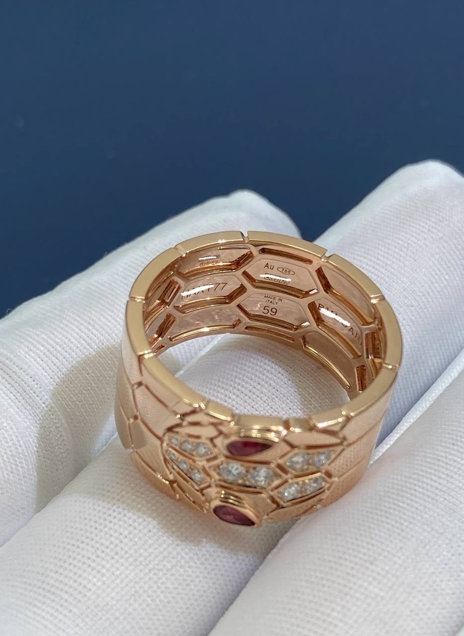 Serpent diamond ring with Rubellites