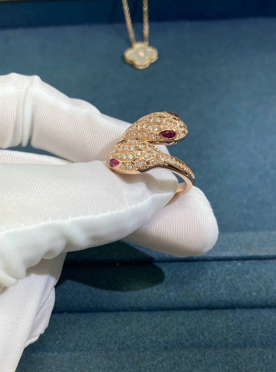 Serpent double head diamond ring with Rubellites