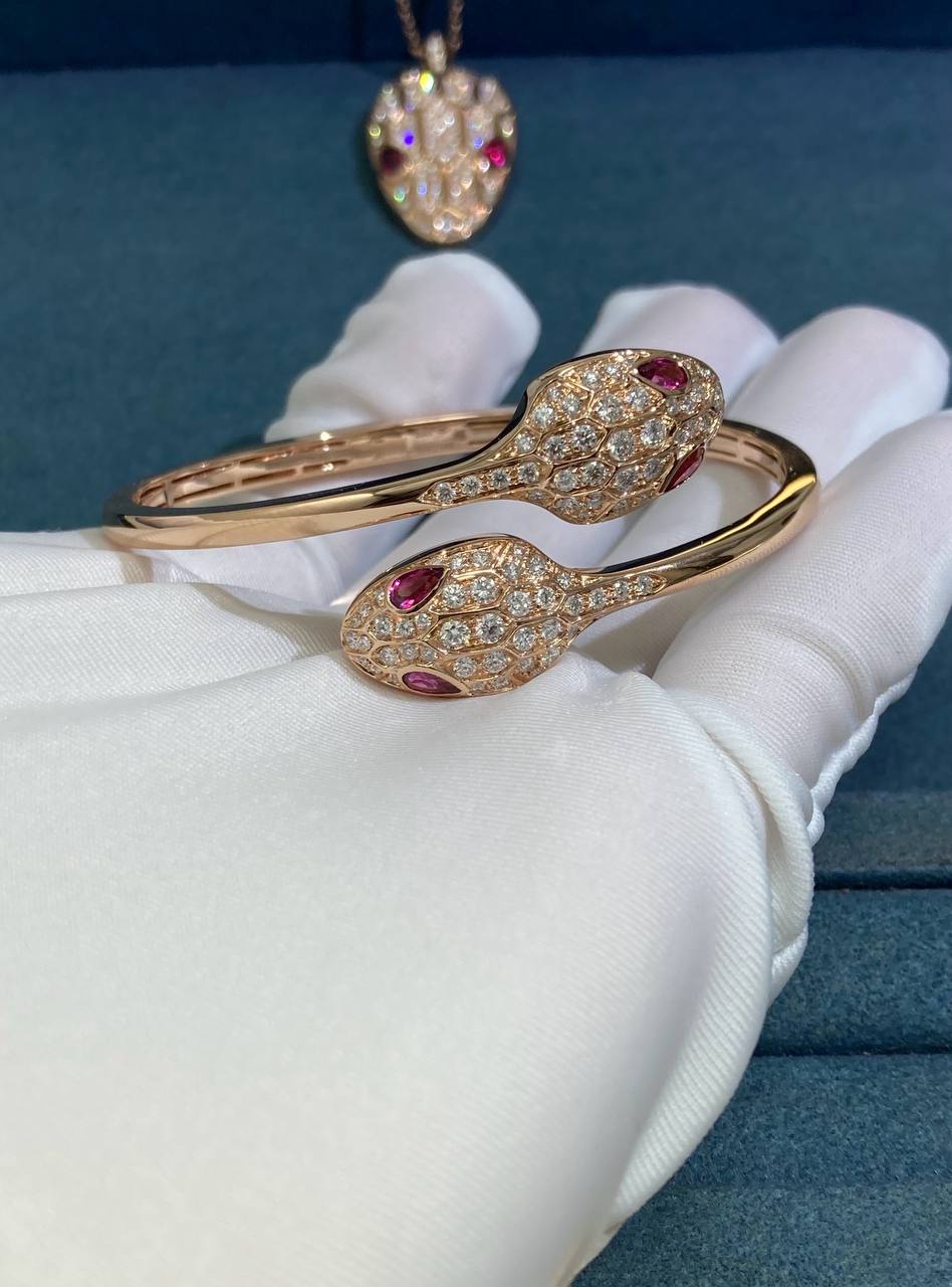 Serpent double head diamond bracelet with Rubellites