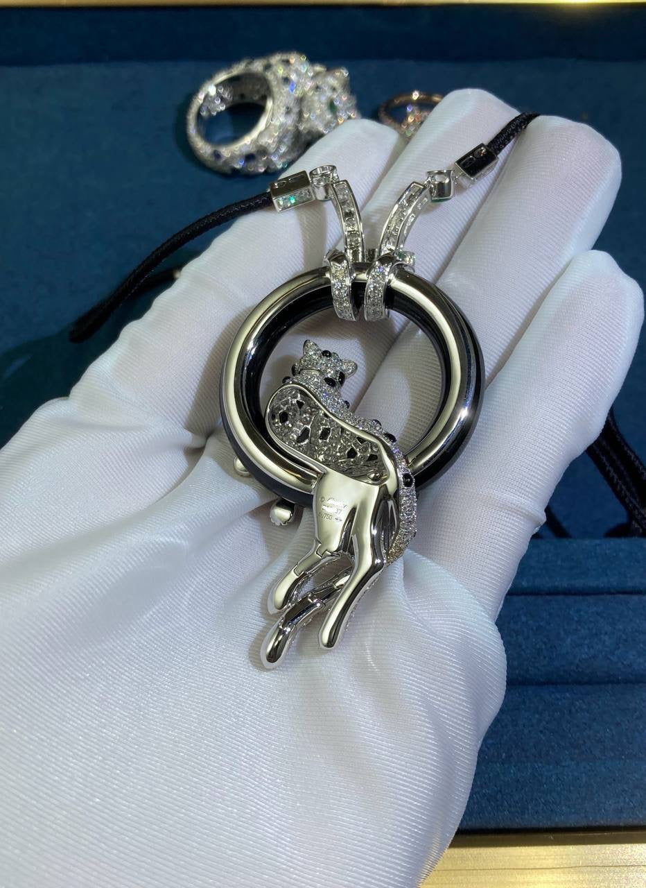 Panther in a ring full pavé diamond necklace