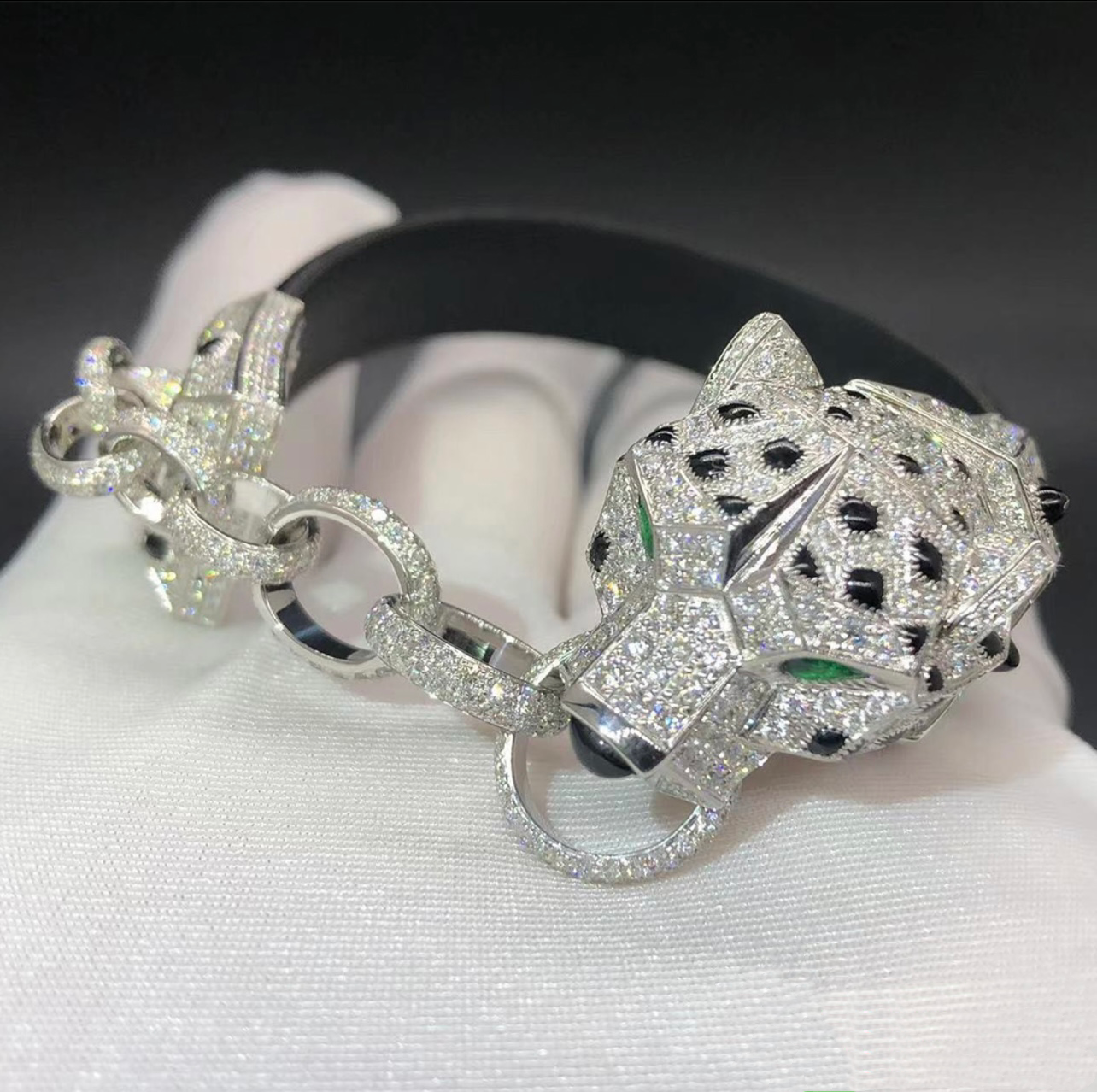 Panther fabric strap bracelet full pavé