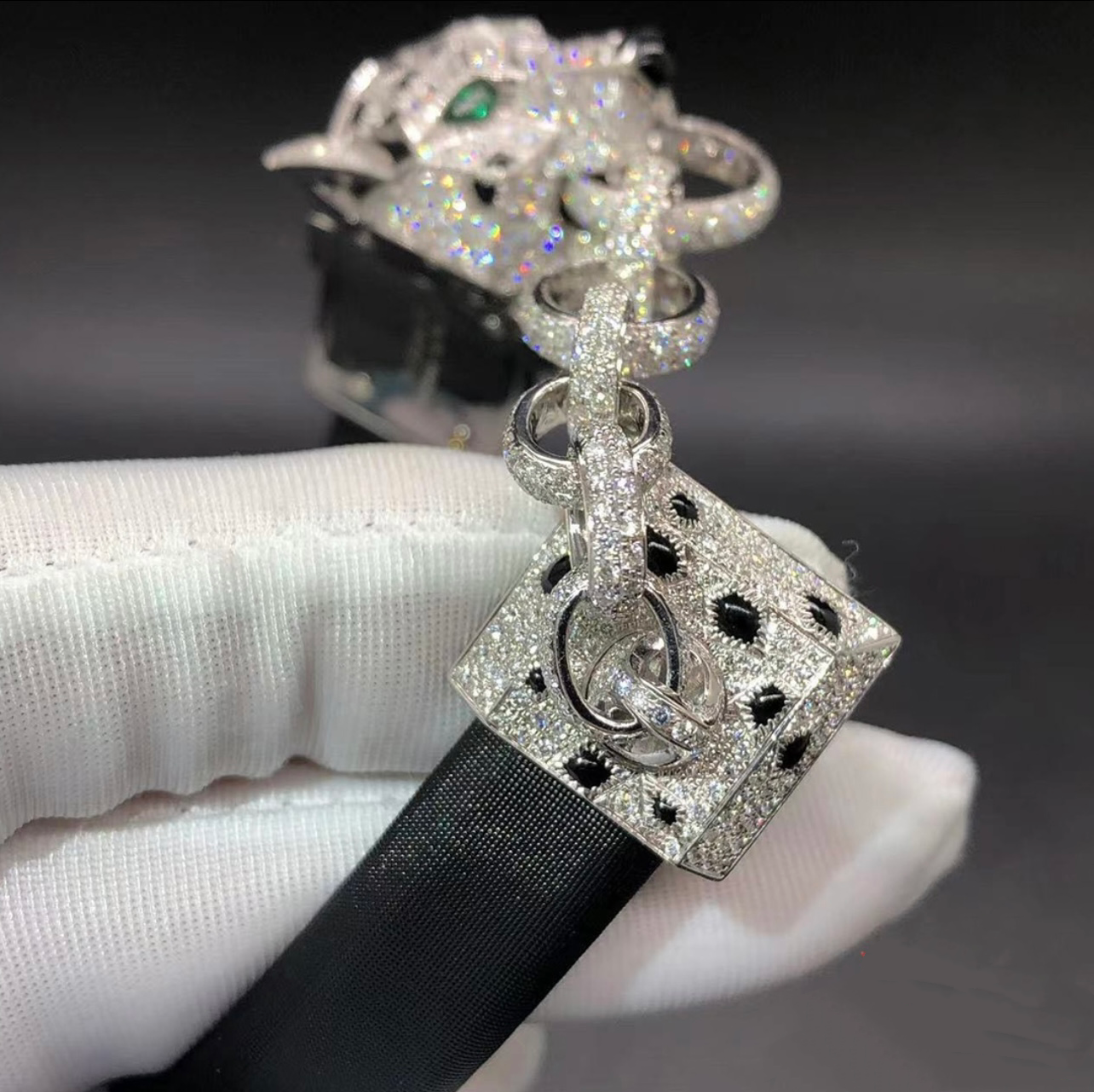 Panther fabric strap bracelet full pavé