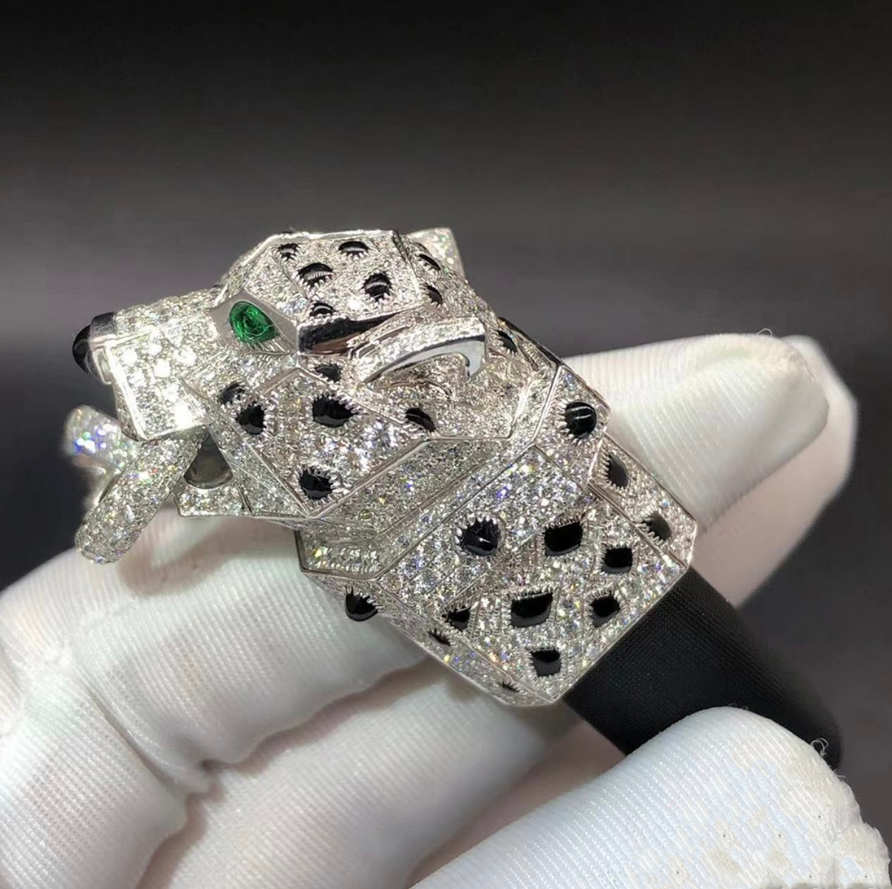 Panther fabric strap bracelet full pavé