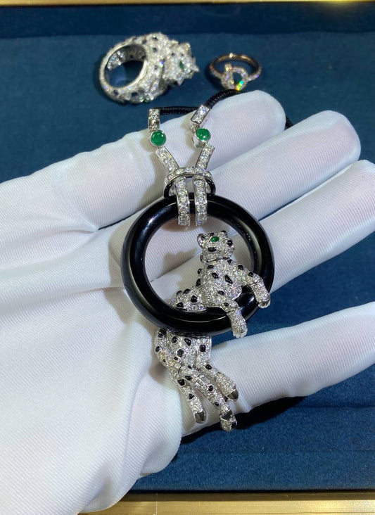 Panther in a ring full pavé diamond necklace