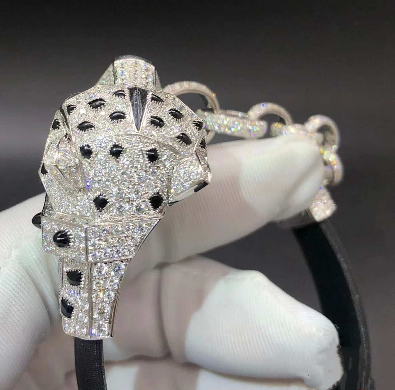 Panther fabric strap bracelet full pavé